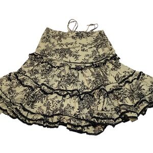 Mix Nouveau Women's Small Toile Floral Tiered Midi Skirt Black Cream Cotton Boho